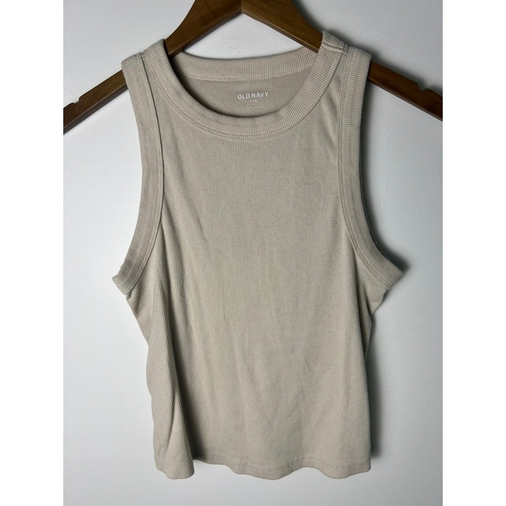 Old Navy Ribbed Tank Top Wm L Beige Oatmeal Crew Neck Sleeveless Basic